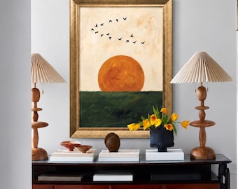 Sunset Canvas Wall Art, Orange Sun Print, Flying Birds Wall Decor, Modern Landscape Art, Green Nature Poster, Framed Minimalist Wall Art