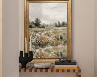 Wildflower Meadow Canvas Print, Vintage Landscape Print, Cottagecore Decor, Floral Field Painting, Farmhouse Wall Art, Framed Nature Print