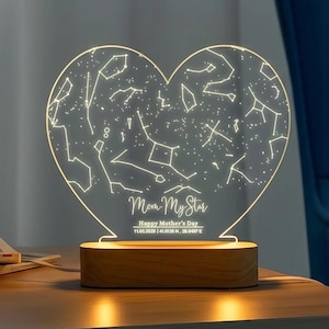 Luz nocturna con mapa estelar personalizado - Regalo de cumpleaños para mamá - Regalo para el Día de la Madre - Constelación estelar grabada - Mapa estelar de regalo - Regalo personalizado para mamá
