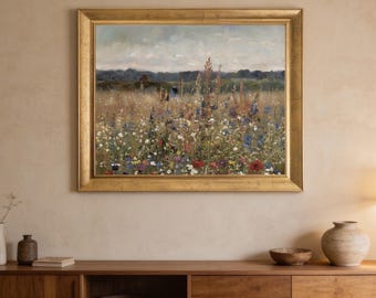Vintage Wildflower Field Art, Wildflower Field Landscape Art Print, Framed Nature Gallery Wall Art, Framed Vintage Botanical Canvas Print
