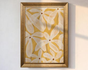 Daisy Wall Art Print, Mustard Yellow Floral Canvas, White Flower Painting, Botanical Home Decor, Cottagecore Wall Art
