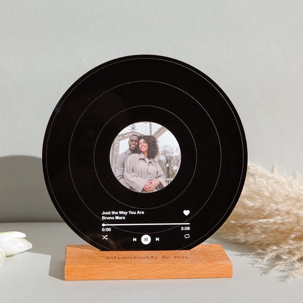 Personalized Vinyl with Wooden Stand - Personalized Record with Your Photo as Valentines Day Gift - Custom Song Plaque as Anniversary Gift