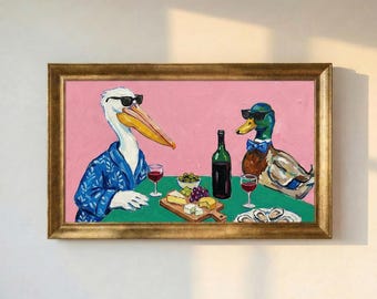 Duck Wine Party Art Print, Quirky Animal Poster, Retro Wall Art with Ducks and Wine, Fun Dining Room or Kitchen Decor, Cute Animal Wall Art