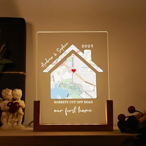 Luz de noche personalizada - Regalos de inauguración de la casa - Nuestro primer hogar - Regalos para un nuevo hogar - Decoración de entrada - Regalos de Navidad - Impresión de mapa personalizada para un nuevo hogar