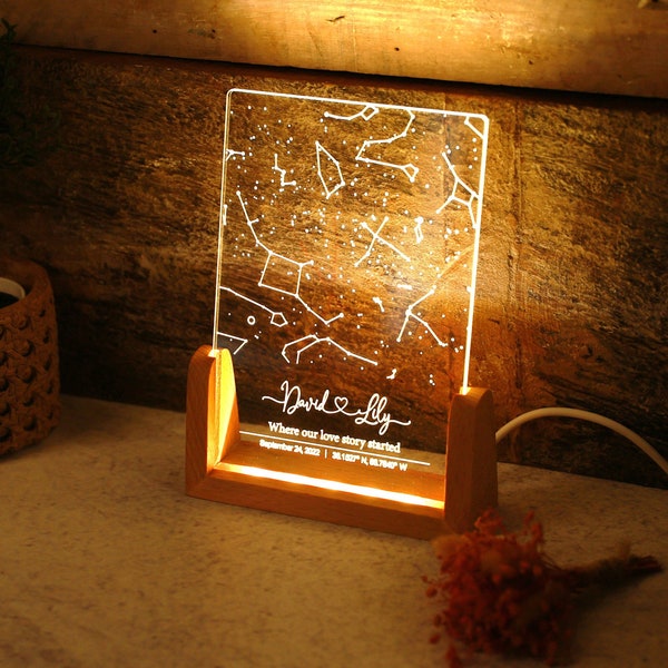 Personalisiertes Star Map Nachtlicht Holz LED Rahmen - Custom Sternenkarte Erstes Treffen Date - Romantisches Geschenk Hochzeit Jahrestag