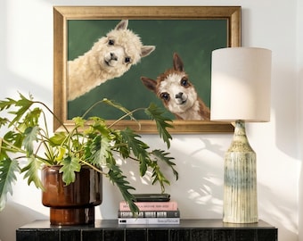 Funny Alpaca Canvas Wall Art, Cute Llama Painting, Green Animal Wall Decor, Framed Farmhouse Art, Whimsical Nursery & Living Room Decor