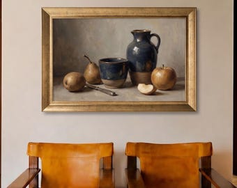 Rustic Kitchen Wall Art Print, Vintage Still Life Canvas, Pear Apple & Blue Ceramic Painting, Farmhouse Dining Room Decor