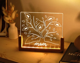 Custom Mothers Day Acrylic LED Light - Family Tree Night Light - Personalized Gift for Mom - Gift for Mom from Kids - Birthday Gift for Wife