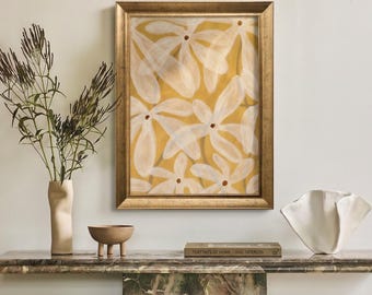 Daisy Wall Art Print, Mustard Yellow Floral Canvas, White Flower Painting, Botanical Home Decor, Cottagecore Wall Art