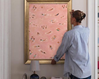 Tiny Swimmers at Pool Art Print, Minimalist Tiny People Swimming in Pink Beach Painting, Textured Summer Wall Art, Aerial Beach Print