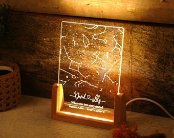 Personalisiertes Star Map Nachtlicht Holz LED Rahmen - Custom Sternenkarte Erstes Treffen Datum - Romantisches Geschenk Hochzeit Jahretag