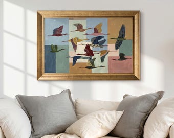 Whimsical Birds Art Print: Colorful Crane Illustration, Modern Folk Decor, Beach House Wall Art, Coastal Decor