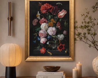 Jan Davidsz. de Heem Still Life with Flowers in a Glass Vase Canvas Art, Dutch Floral Painting, Dark Botanical Wall Decor, Framed Flower Art