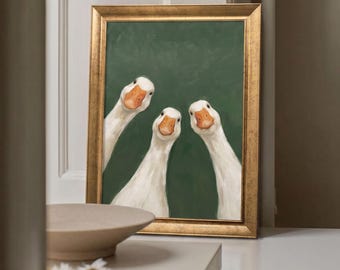 Three Curious White Gees Wall Art, Funny Vintage Farmhouse Duck Bathroom Art, Silly Goose Toilet Humor Wall Art, Cute Animal Wall Art