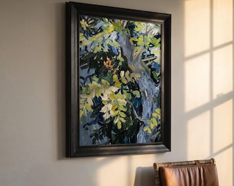 Abstract Tree Canvas Wall Art, Botanical Nature Painting, Green Blue Yellow Framed, Expressionist Landscape Decor, Modern Organic Wall Art