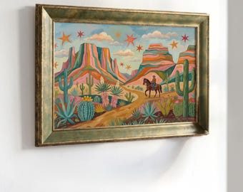 Cowboy Desert Painting Canvas Wall Art: Mid-Century Modern Western Wall Art,  Boho Southwest Wall Art
