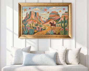 Cowboy Desert Painting Canvas Wall Art: Mid-Century Modern Western Wall Art,  Boho Southwest Wall Art