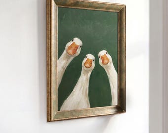 Three Curious White Gees Wall Art, Funny Vintage Farmhouse Duck Bathroom Art, Silly Goose Toilet Humor Wall Art, Cute Animal Wall Art