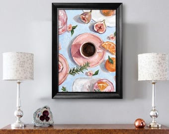 Mediterranean Kitchen Wall Art Print, Breakfast Still Life, Colorful Dining Room Artwork, Fruit and Coffee Illustration, Rustic Wall Decor