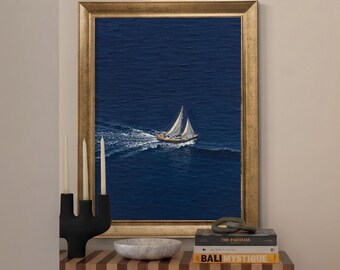 Blue Sailboat Canvas Print, Minimalist Ocean Wall Decor, Nautical Coastal Painting, Framed Sailing Boat Art, Navy Blue Seascape Decor