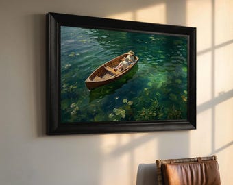 Woman in Rowboat Wall Art Print, Green Lake Oil Painting, Peaceful Boat Canvas, Lake House Decor, Cottagecore Landscape, Living Room Decor