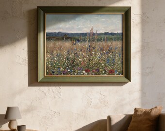 Vintage Wildflower Field Art, Wildflower Field Landscape Art Print, Framed Nature Gallery Wall Art, Framed Vintage Botanical Canvas Print