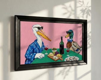Duck Wine Party Art Print, Quirky Animal Poster, Retro Wall Art with Ducks and Wine, Fun Dining Room or Kitchen Decor, Cute Animal Wall Art