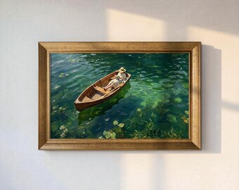 Woman in Rowboat Wall Art Print, Green Lake Oil Painting, Peaceful Boat Canvas, Lake House Decor, Cottagecore Landscape, Living Room Decor