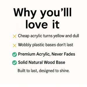 Pode incluir: Fundo branco com texto preto que diz "Why you'll love it". O texto destaca recursos como acr&iacute;lico premium que nunca desbota e uma base de madeira natural s&oacute;lida. A imagem enfatiza durabilidade e design.