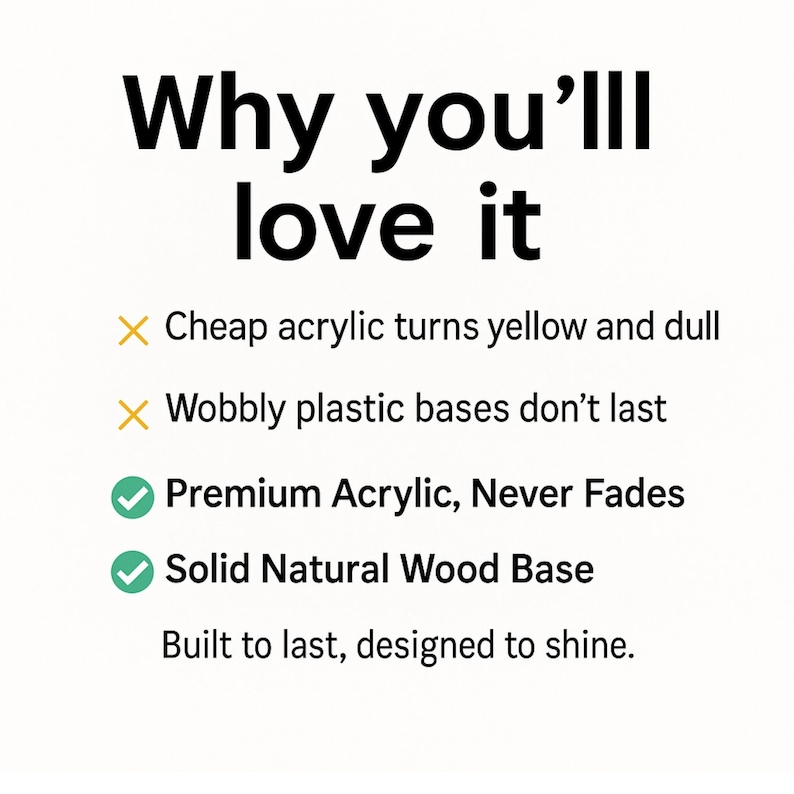 Pode incluir: Fundo branco com texto preto que diz "Why you'll love it". O texto destaca recursos como acr&iacute;lico premium que nunca desbota e uma base de madeira natural s&oacute;lida. A imagem enfatiza durabilidade e design.