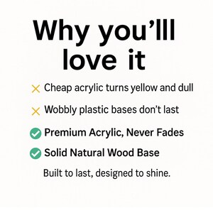 K&ouml;nnte beinhalten: Text auf wei&szlig;em Hintergrund: &bdquo;Warum Sie es lieben werden&ldquo;. Der Text hebt die Eigenschaften des Produkts hervor: Premium-Acryl, das nie verblasst, und eine solide Naturholzbasis. Der Text erw&auml;hnt auch, dass billiges Acryl gelb wird und wackelige Kunststoffbasen nicht halten.
