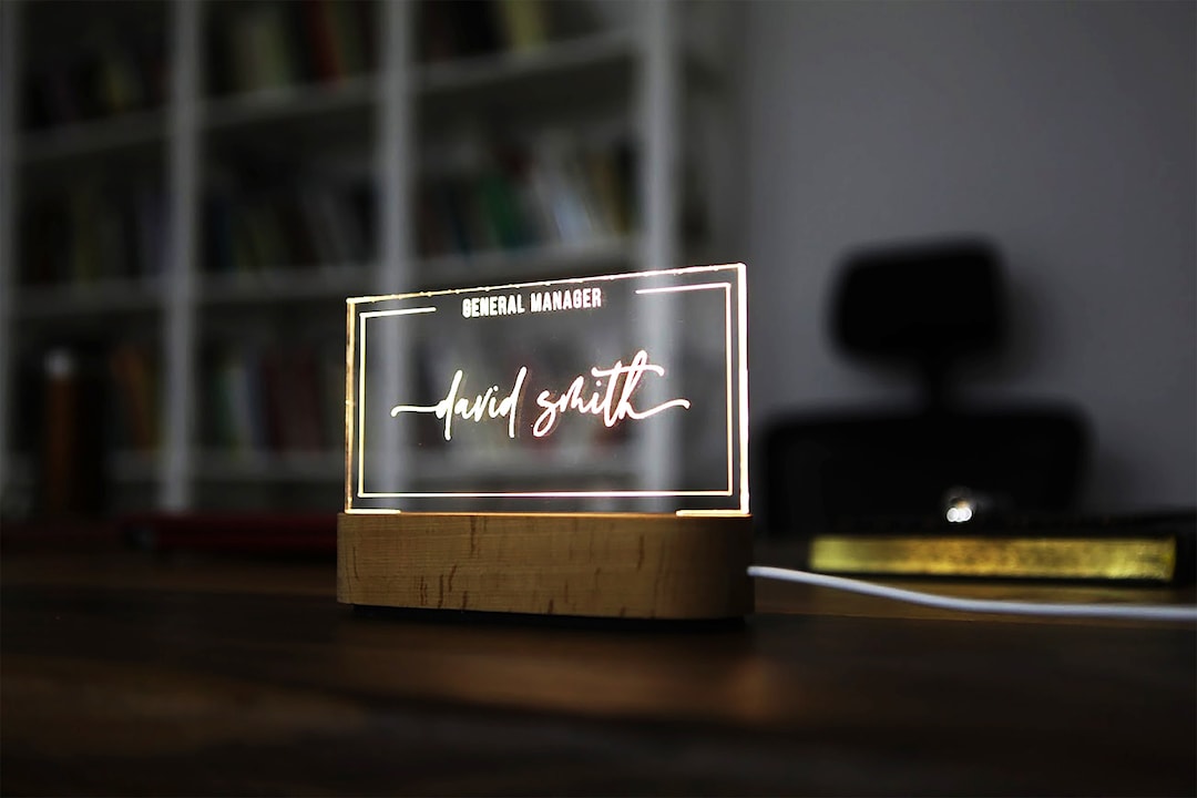 Personalized Light Up Desk Name Plate - Wood Base With Warm LED | Office Decor & Promotion Gifts
