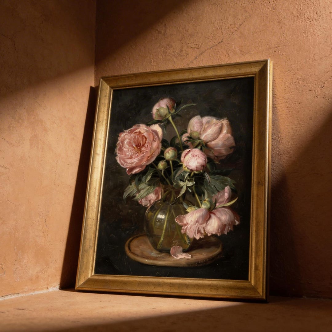 Vintage Pink Rose Wall Art Print, Floral Still Life Painting, Moody ...