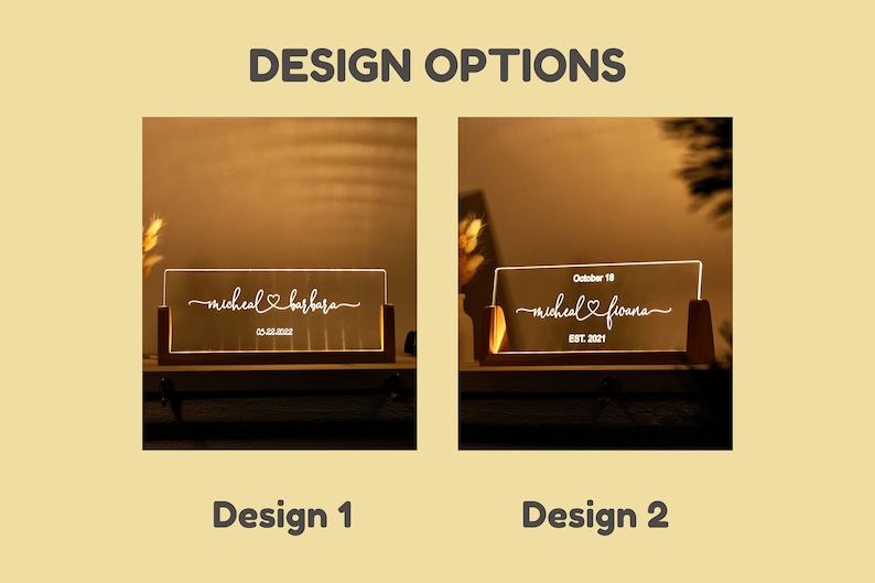 Pode incluir: S&atilde;o exibidas duas placas retangulares iluminadas em acr&iacute;lico com bases de madeira. O design 1 apresenta os nomes "michael & barbara" e a data "05.22.2022". O design 2 mostra "michael & fiona" com "October 18" e "EST. 2021".