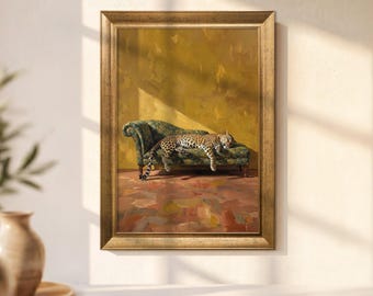 Leopard Canvas Wall Art, Sleeping Leopard Painting, Big Cat Canvas Print, Animal Wall Decor, Vintage Safari Art, Framed Leopard Poster