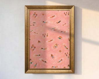 Tiny Swimmers at Pool Art Print, Minimalist Tiny People Swimming in Pink Beach Painting, Textured Summer Wall Art, Aerial Beach Print