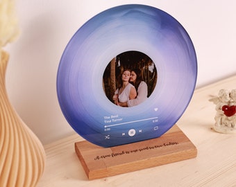 Personalized Vinyl Record Plaque Wooden Stand - Custom Photo Message Engraving Favorite Song - Music Friendship Gift Best Friend Bestie BFF