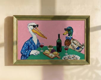 Duck Wine Party Art Print, Quirky Animal Poster, Retro Wall Art with Ducks and Wine, Fun Dining Room or Kitchen Decor, Cute Animal Wall Art