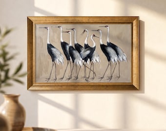 Crane Birds Wall Art, Flock of Cranes Painting, Elegant Bird Canvas Print, Neutral Nature Decor, Asian Inspired Wall Art Framed Crane Canvas