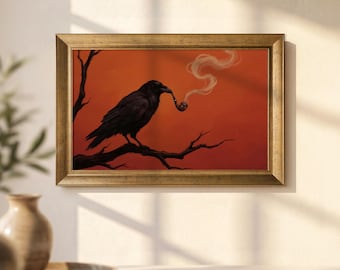 Raven With Pipe Canvas Wall Art, Moody Crow Painting, Dark Academia Decor, Orange Black Framed Art, Gothic Bird Wall Decor