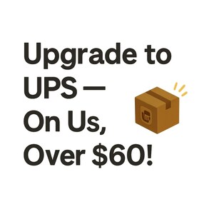 K&ouml;nnte beinhalten: Bild mit dem Text "Upgrade to UPS - On Us, Over 60$!" neben einem braunen Karton mit Logo und gelben Sternen.