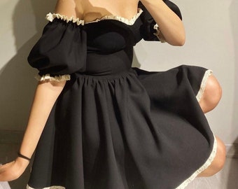 vintage style black crepe fabric lace detailed dress /black short corset dress /black balloon sleeve scalloped dress /prom,christmas dress