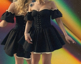 vintage style black crepe fabric lace detailed dress /black corset and short dress/black balloon sleeve scalloped dress/prom,christmas dress