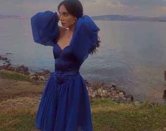 Saxe Blue Satin Corset Dress: Chiffon Tulle Sleeve Party Dress
