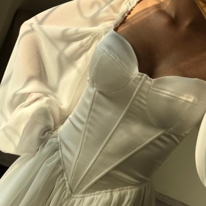 off white corset dress /chest cup chiffon dress /off white tulle sleeve dress /party,prom,birthday dress / after party   outfit dress