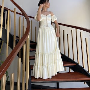 vintage style cream long satin corset dress /cream frilly corset dress /lace detailed strapless dress/christmas,party,prom dress