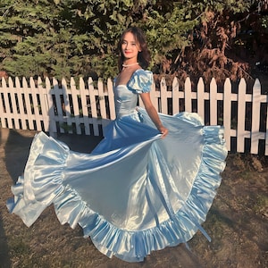 Baby blue corset dress with ruffles on the sides/baby blue long princess dress/party, wedding, prom, graduation , halloween dress
