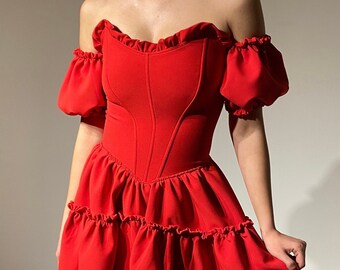 Red crepe balloon sleeve corse dress/ red ruffled dress. /red strapless corset dress/prom,birthday christmas halloween dress