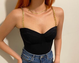 Gold color black corset bustier with chain straps/strapless corset bustier /satin corset bustier/prom,birthday,halloween,christmas bustier