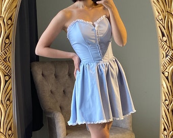 vintage style blue corset dress/short blue linen dress / concept style dress /ribbon detailed corset dress/ christmas,party,prom  dress